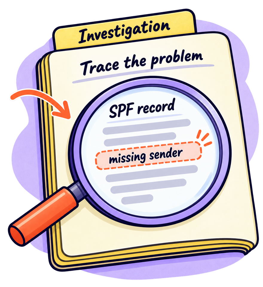 Investigation, trace the problem: a magnifier over the SPF record finds a missing sender.