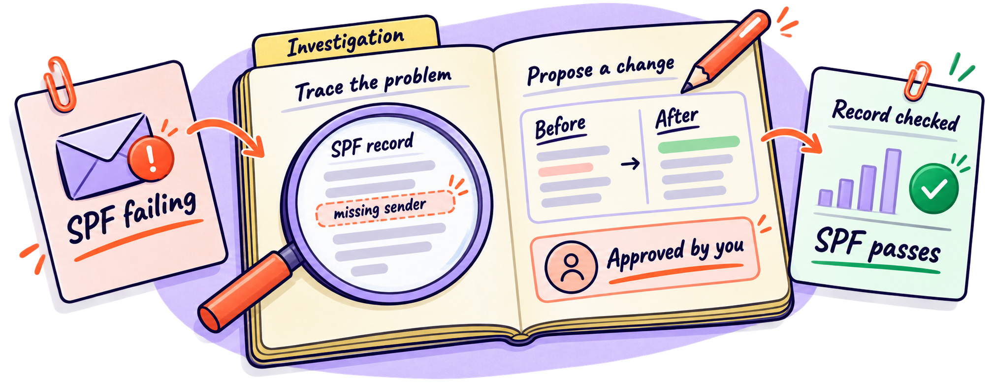 Example investigation. A slip reads: SPF failing. In the notebook, a magnifier over the SPF record finds a missing sender. The next page proposes a change, shown before and after, and it is approved by you. The last slip reads: record checked, SPF passes.